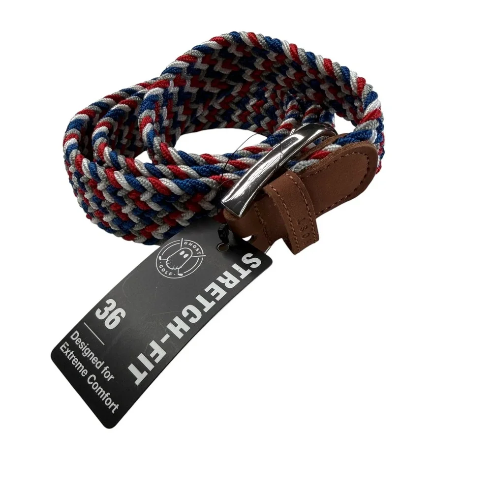 GHOST GOLF Belt Red White Blue Braided Elastic Men's Size 36 NWT Americana